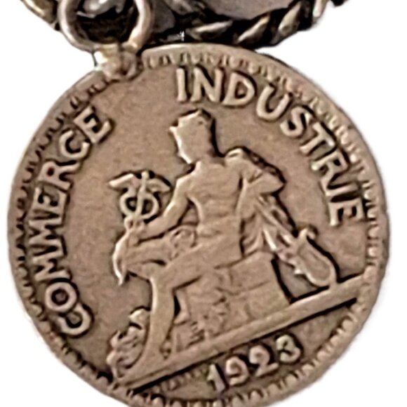 Vintage 7 Inch 5 French Coins Rope Chain Charm Silver Tone Bracelet - Picture 8 of 9